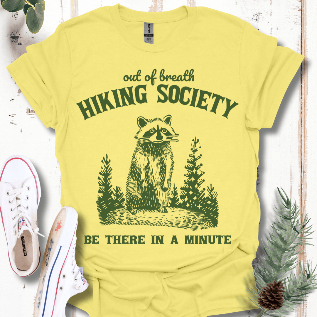 Raccoon Out of Breath Hiking Society T-Shirt