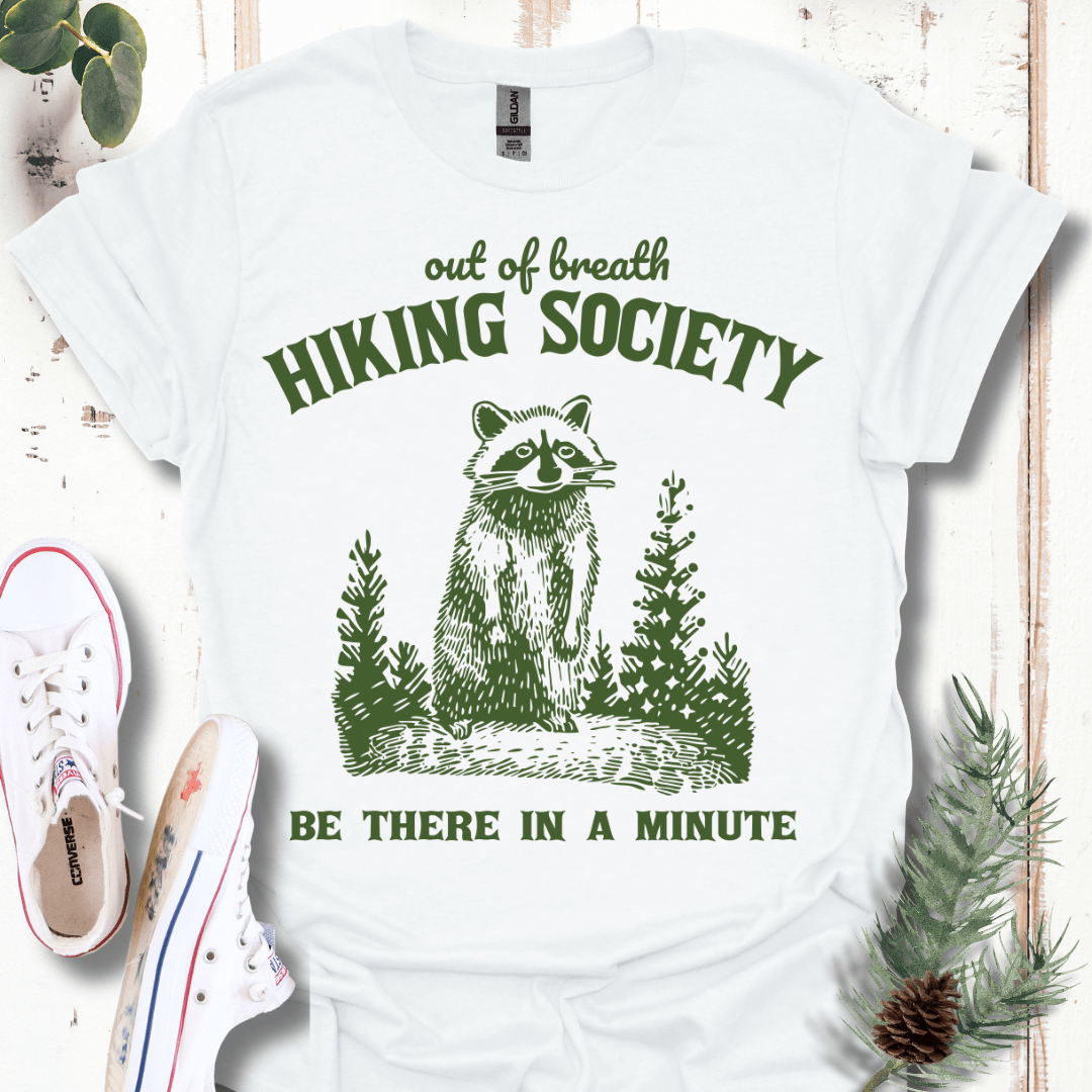 Raccoon Out of Breath Hiking Society T-Shirt